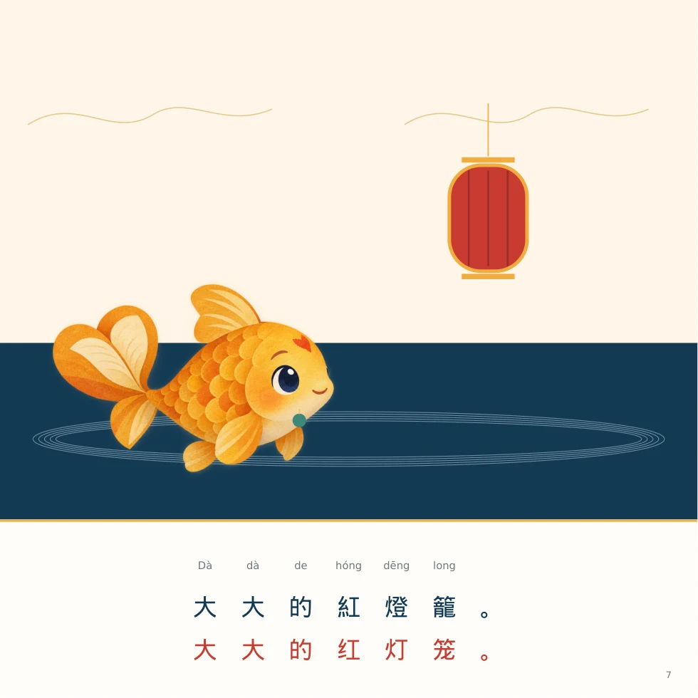 故事內頁:小鯉和媽媽看大燈籠,附拼音、繁體字和簡體字